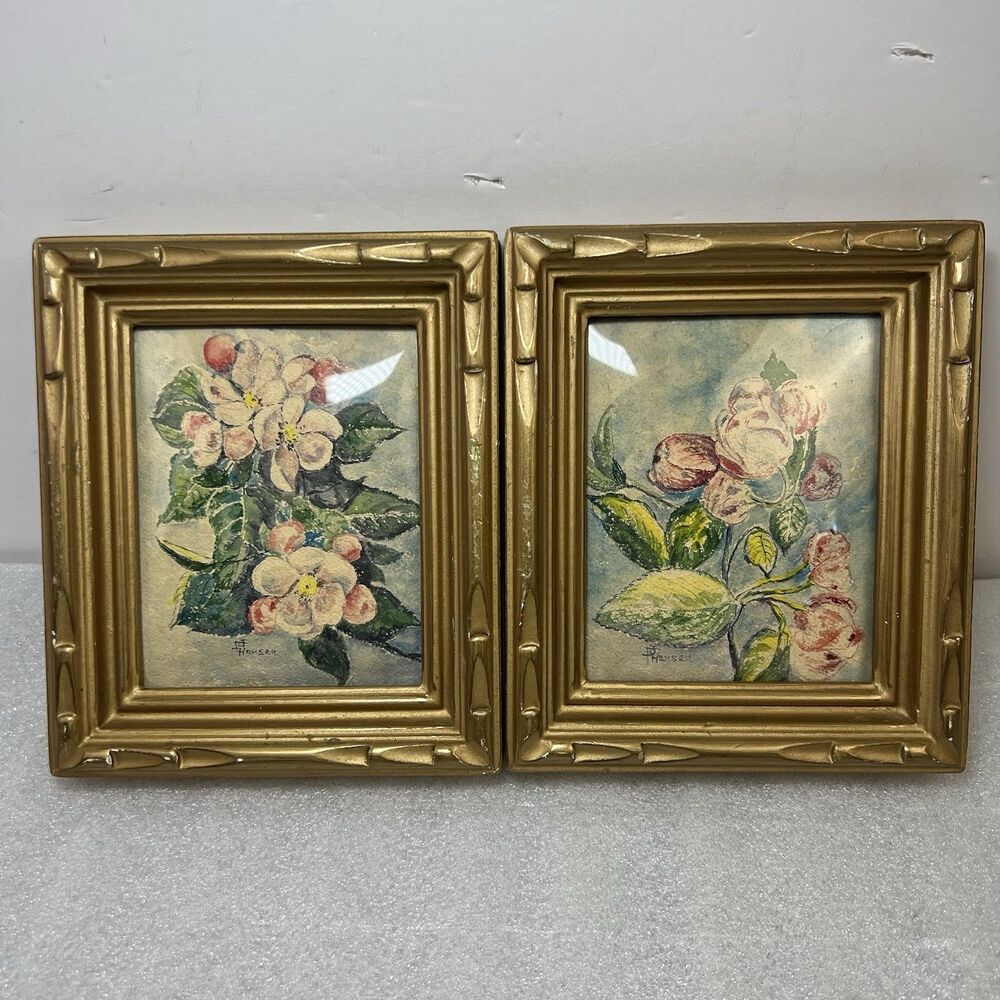 Pair Vtg J. Hansen Mini Watercolors Apple Blossoms Painting Cottagecore MCM 6x5”
